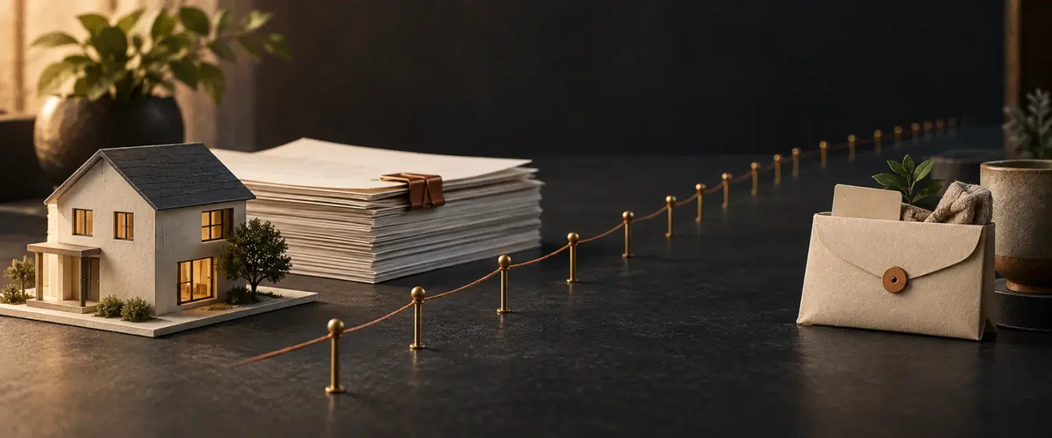 A home loan plan with a house, document, and repayment line